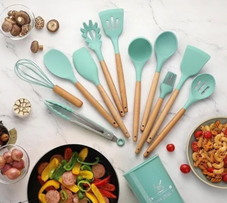 Kit 12 Pçs Para Cozinha Bambu Resistente Silicone Com Suporte