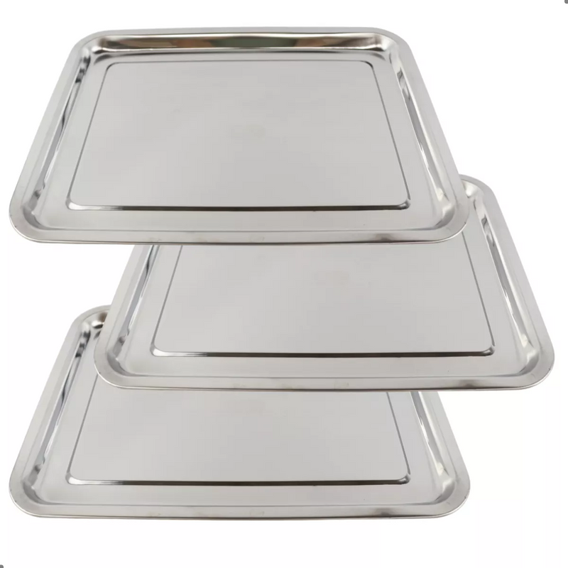 Kit 3 Bandejas Aço Inox Retangular Rasa Multi Uso 40 X 30 Cm