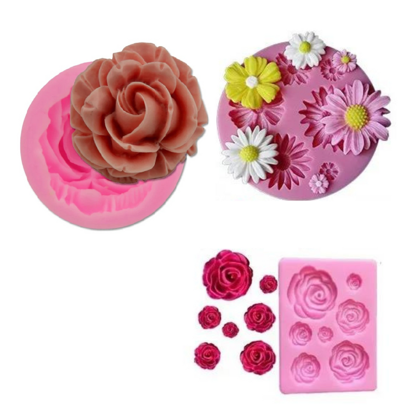 Kit 3 Moldes De Silicone Flores Rosa Margarida biscuit
