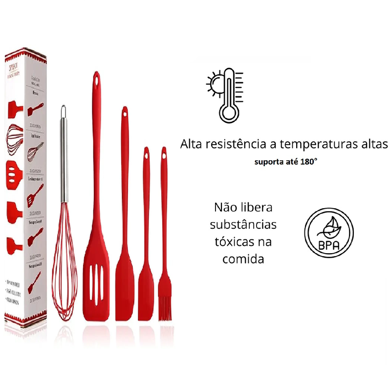 Kit 5 Peças de Utensilios de Cozinha de Silicone Antiaderente