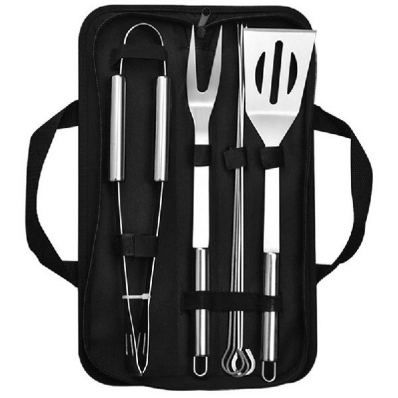 Kit Churrasco 7 Pçs Inox Garfo Espátula Pegador Espeto Com Estojo
