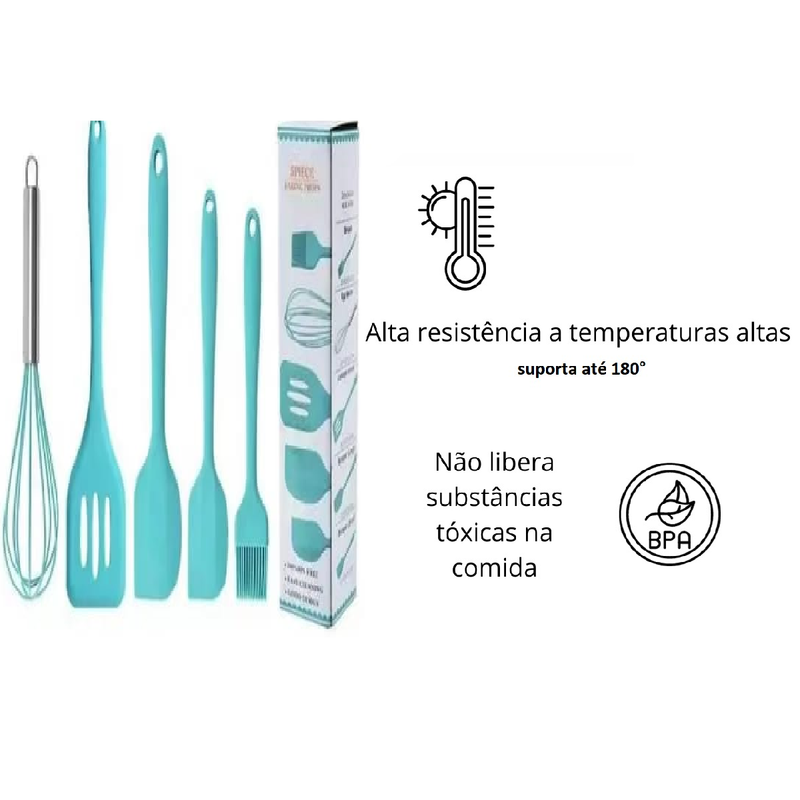 Kit 5 Peças de Utensilios de Cozinha de Silicone Antiaderente
