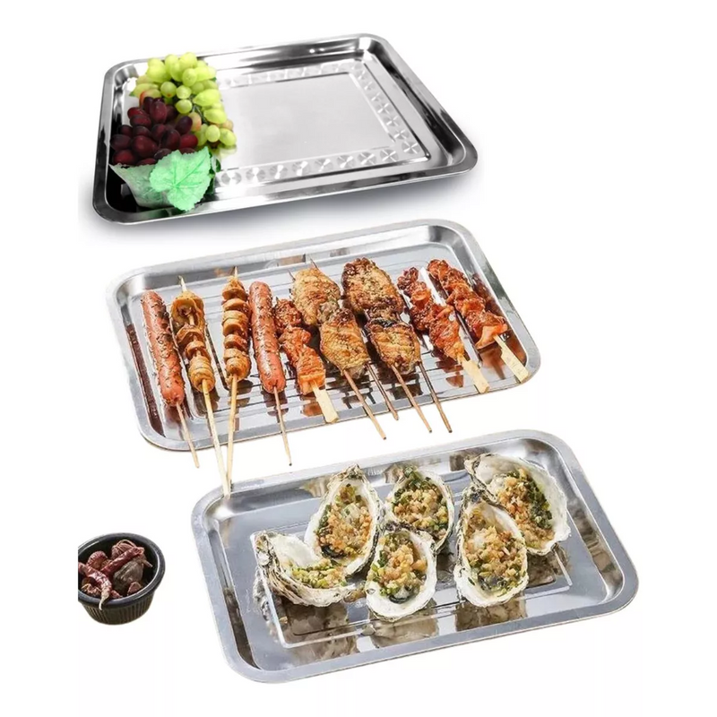 Bandeja Aço Inox Retangular Rasa Servir Multi Uso 32 X 22 Cm