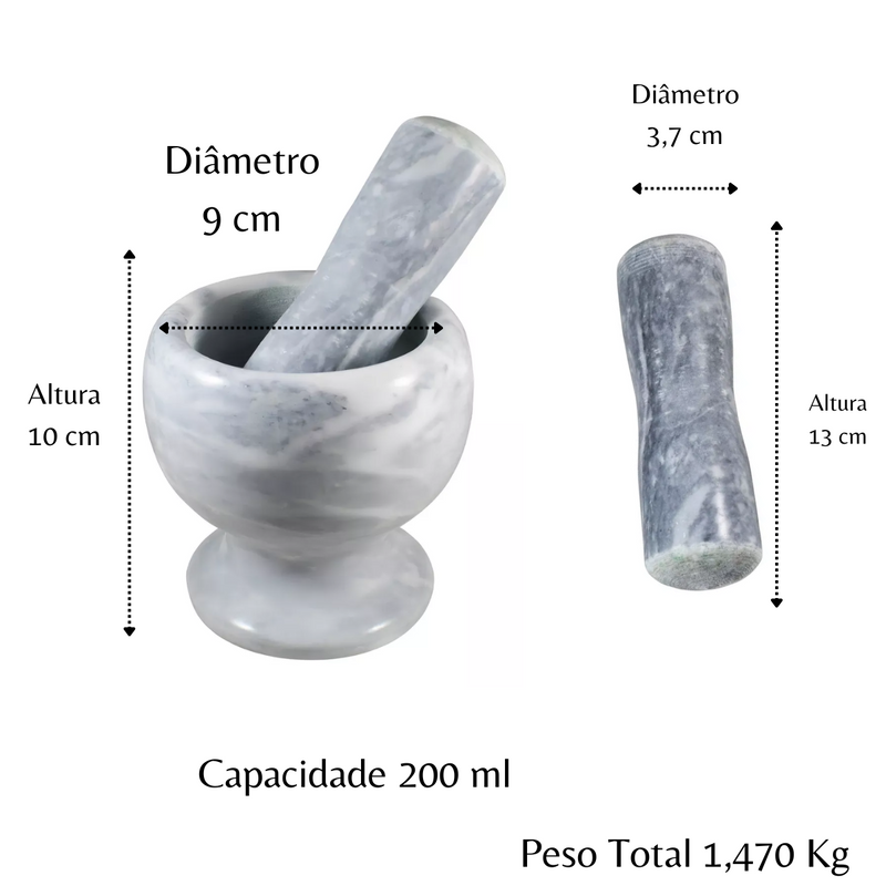 Pilão De Marmore e Socador De Alho Temperos De Cozinha Cinza