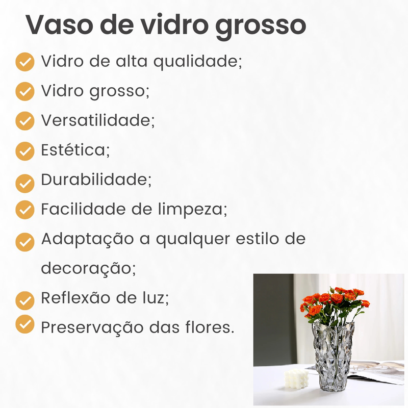 Vaso de Vidro Grosso Primeira Linha Flores Decoração Sala