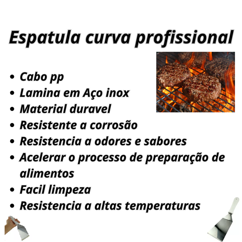Espátula Curva Aço Inox Lanche Chapeiro Pizza Cozinha Cabo Branco