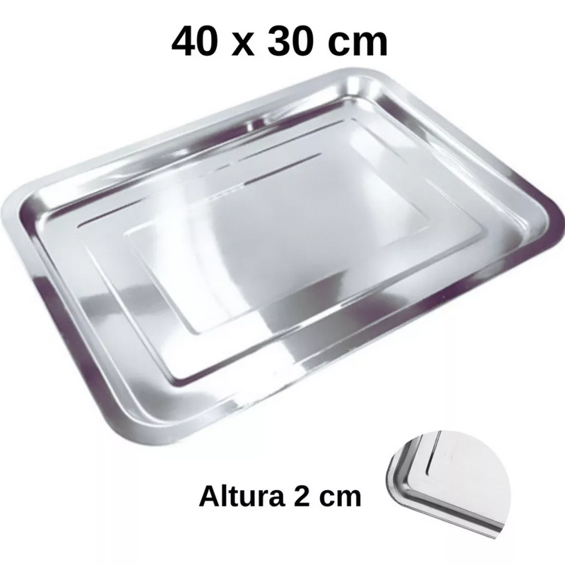 Kit 3 Bandejas Aço Inox Retangular Rasa Multi Uso 40 X 30 Cm