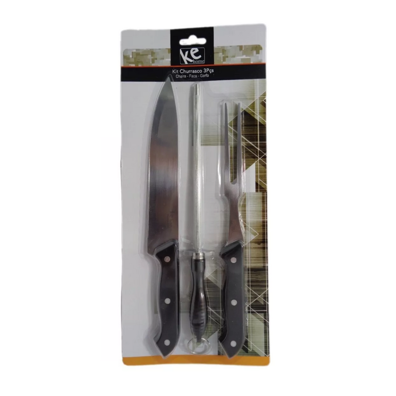 Kit Churrasco 3 Pçs em Aço Inox Cabo de Plástico