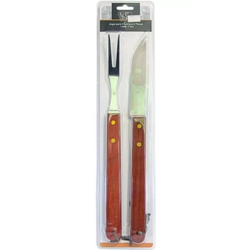 Kit Churrasco 2 Pçs Cabo de Madeira Inox Garfo e Faca