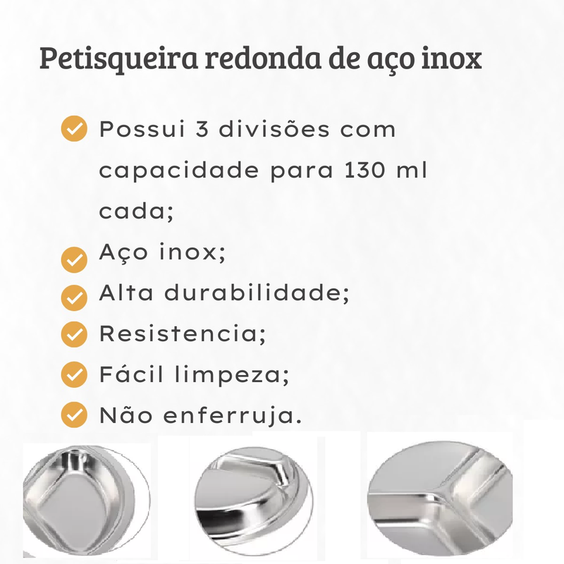 2 Petisqueira Redonda de Aço Inox Para Servir Com 3 Divisões